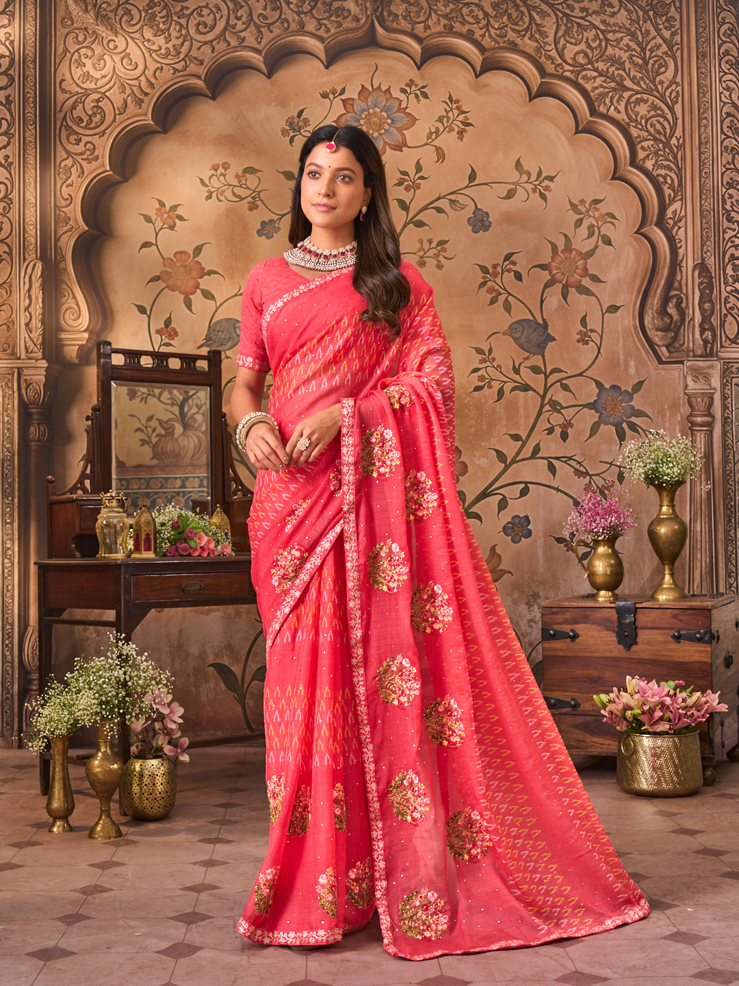 Laxmipati Monaco Embellished Floral Embroidered Chiffon Saree in Peach Color