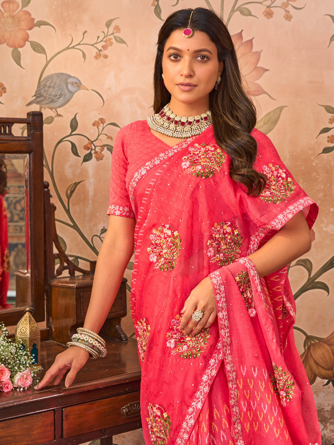 Laxmipati Monaco Embellished Floral Embroidered Chiffon Saree in Peach Color