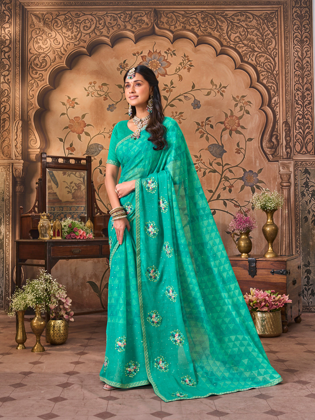 Laxmipati Monaco Embellished Floral Embroidered Chiffon Saree in Teal Blue Color