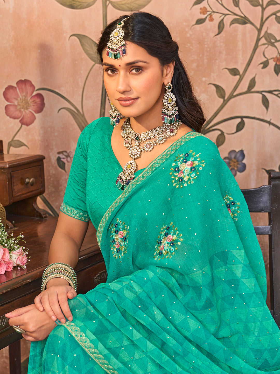 Laxmipati Monaco Embellished Floral Embroidered Chiffon Saree in Teal Blue Color