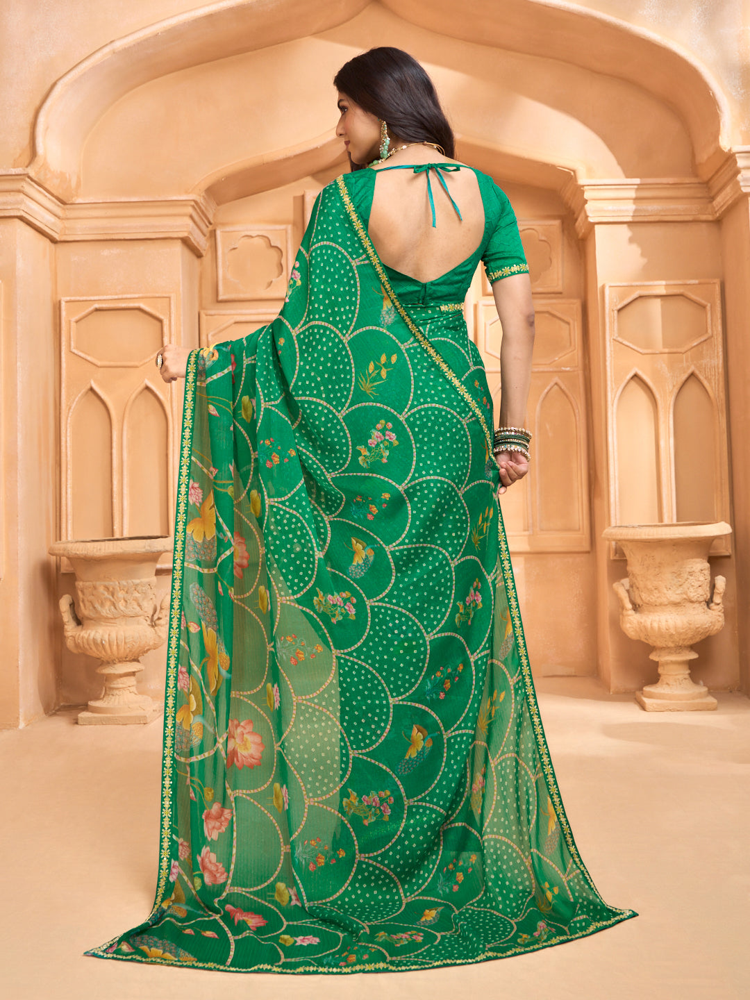 Laxmipati Tohfa Floral Printed Chiffon Saree in Teal Green