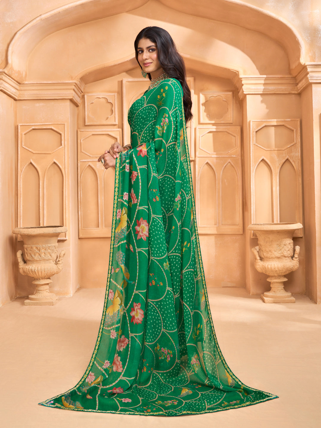 Laxmipati Tohfa Floral Printed Chiffon Saree in Teal Green