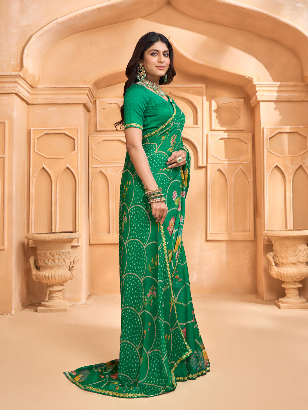 Laxmipati Tohfa Floral Printed Chiffon Saree in Teal Green
