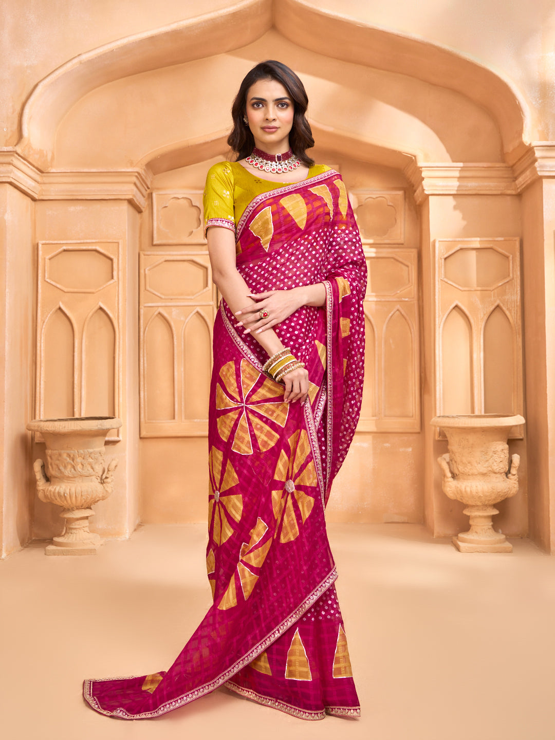 Laxmipati Tohfa Bandhani Printed Chiffon Saree in Pink Color