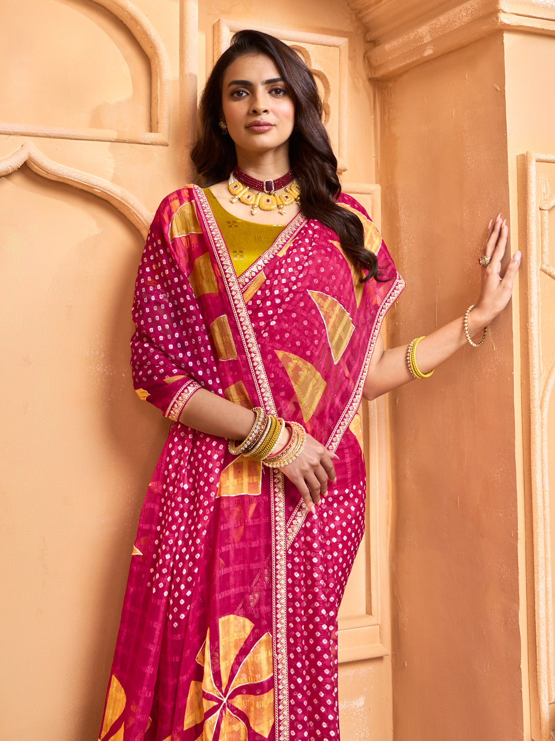 Laxmipati Tohfa Bandhani Printed Chiffon Saree in Pink Color