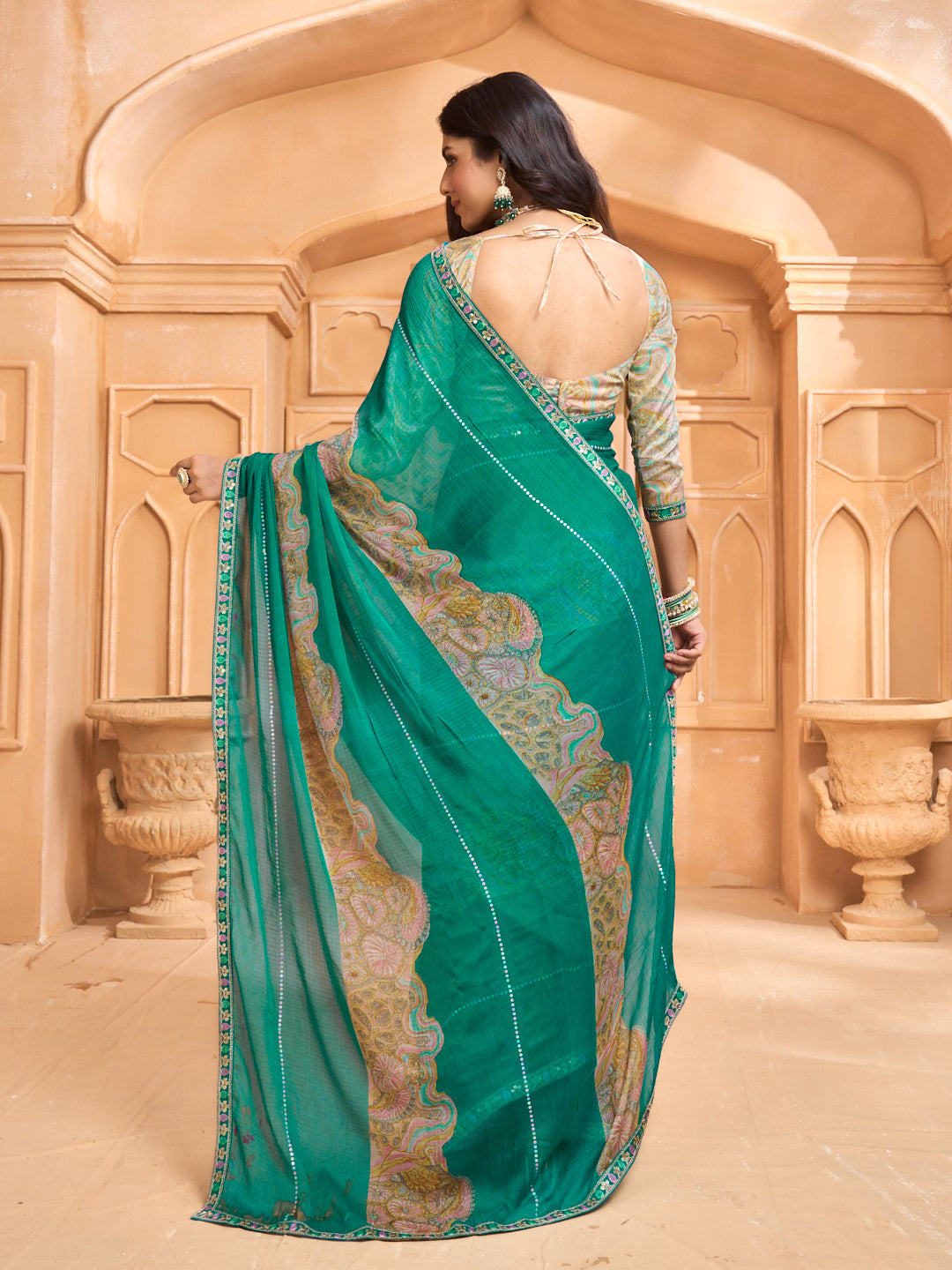 Laxmipati Tohfa Floral Printed Chiffon Saree in Teal Green