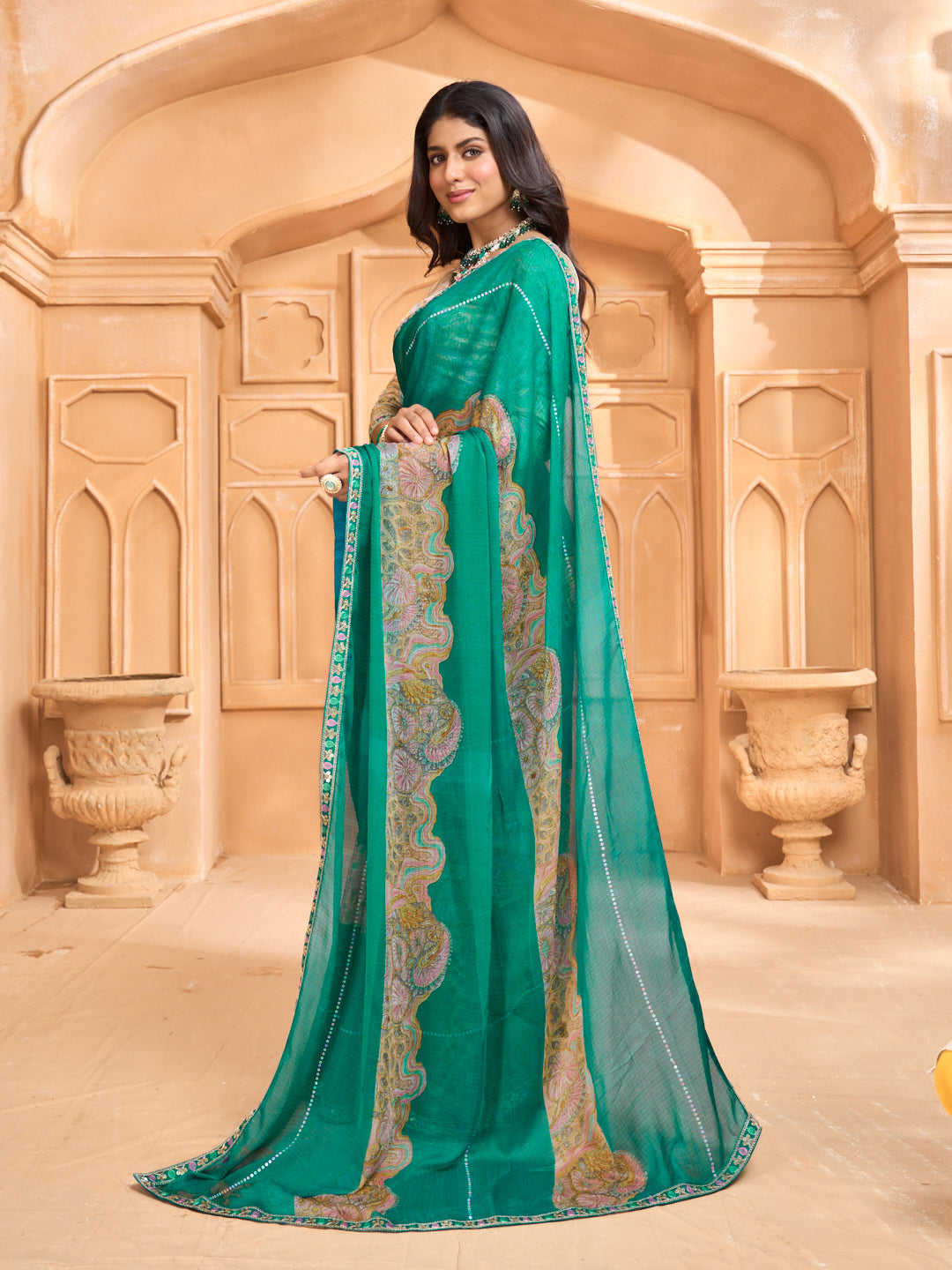 Laxmipati Tohfa Floral Printed Chiffon Saree in Teal Green