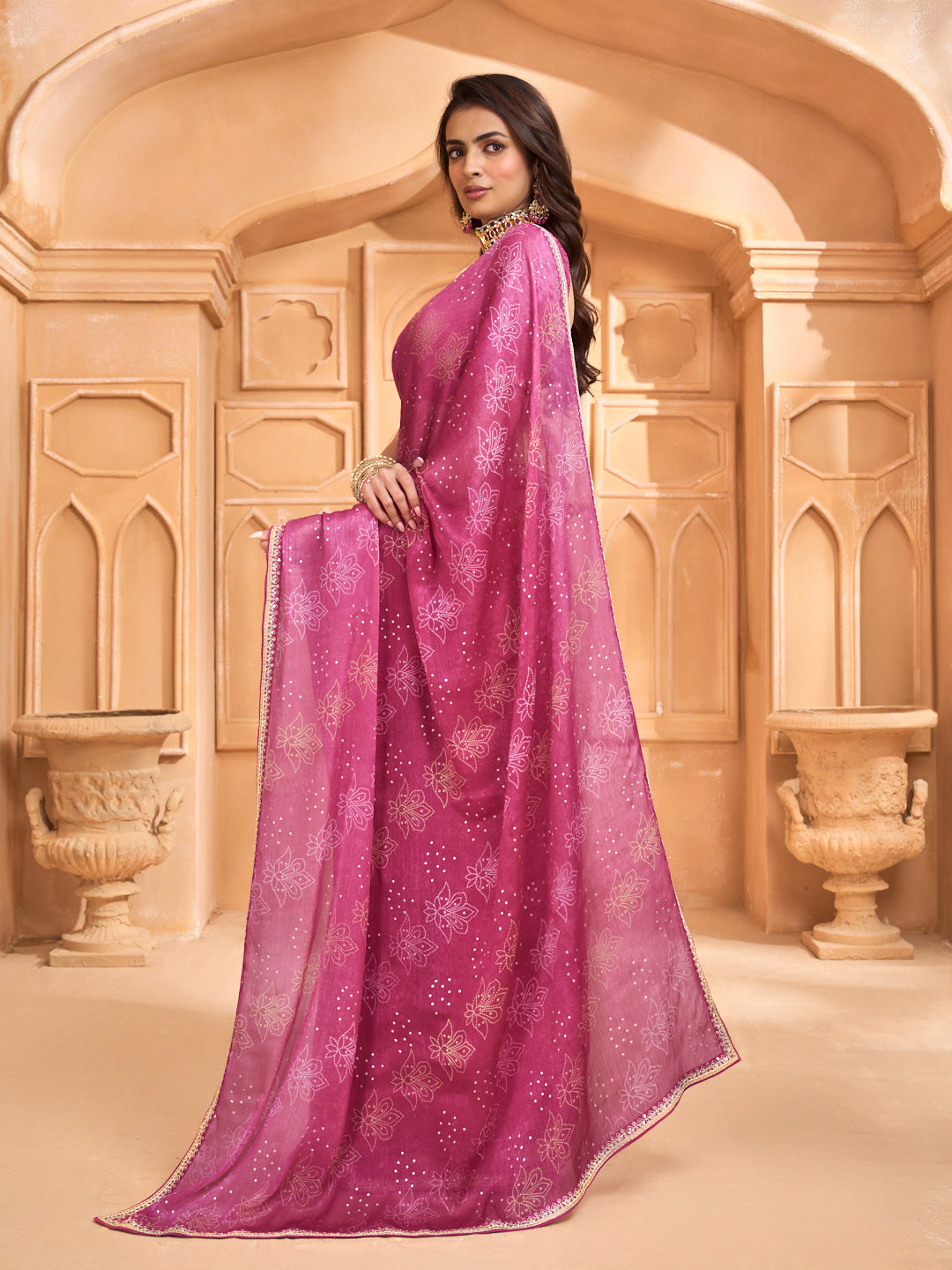 Laxmipati Tohfa Floral Printed Chiffon Saree in Pink Color