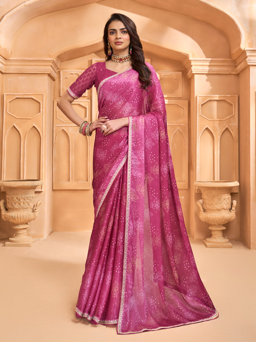 Laxmipati Tohfa Floral Printed Chiffon Saree in Pink Color