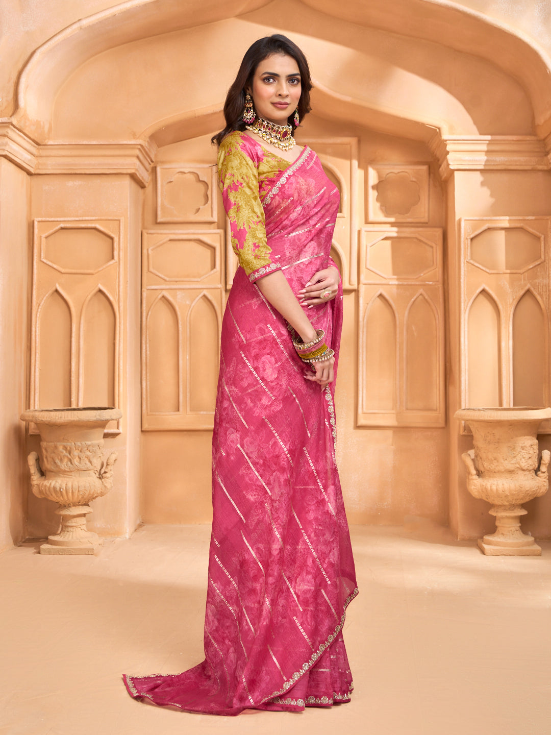 Laxmipati Tohfa Floral Printed Silk Saree in Pink Color