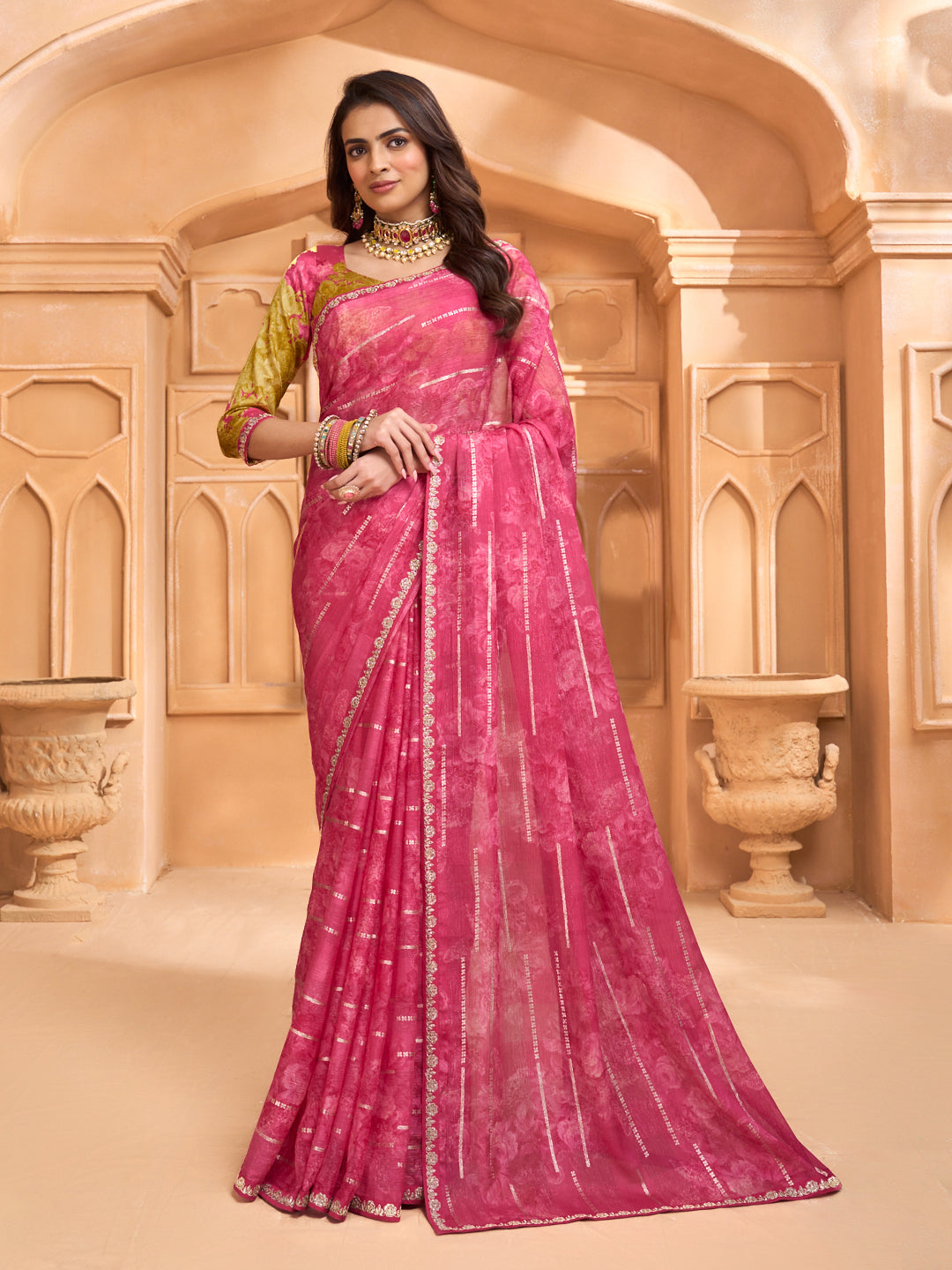 Laxmipati Tohfa Floral Printed Silk Saree in Pink Color