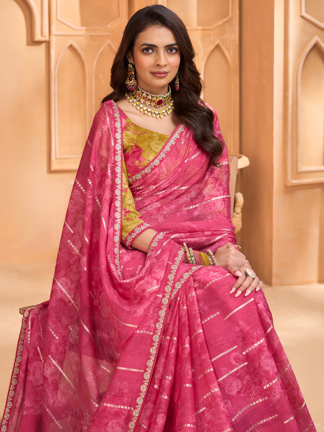 Laxmipati Tohfa Floral Printed Silk Saree in Pink Color