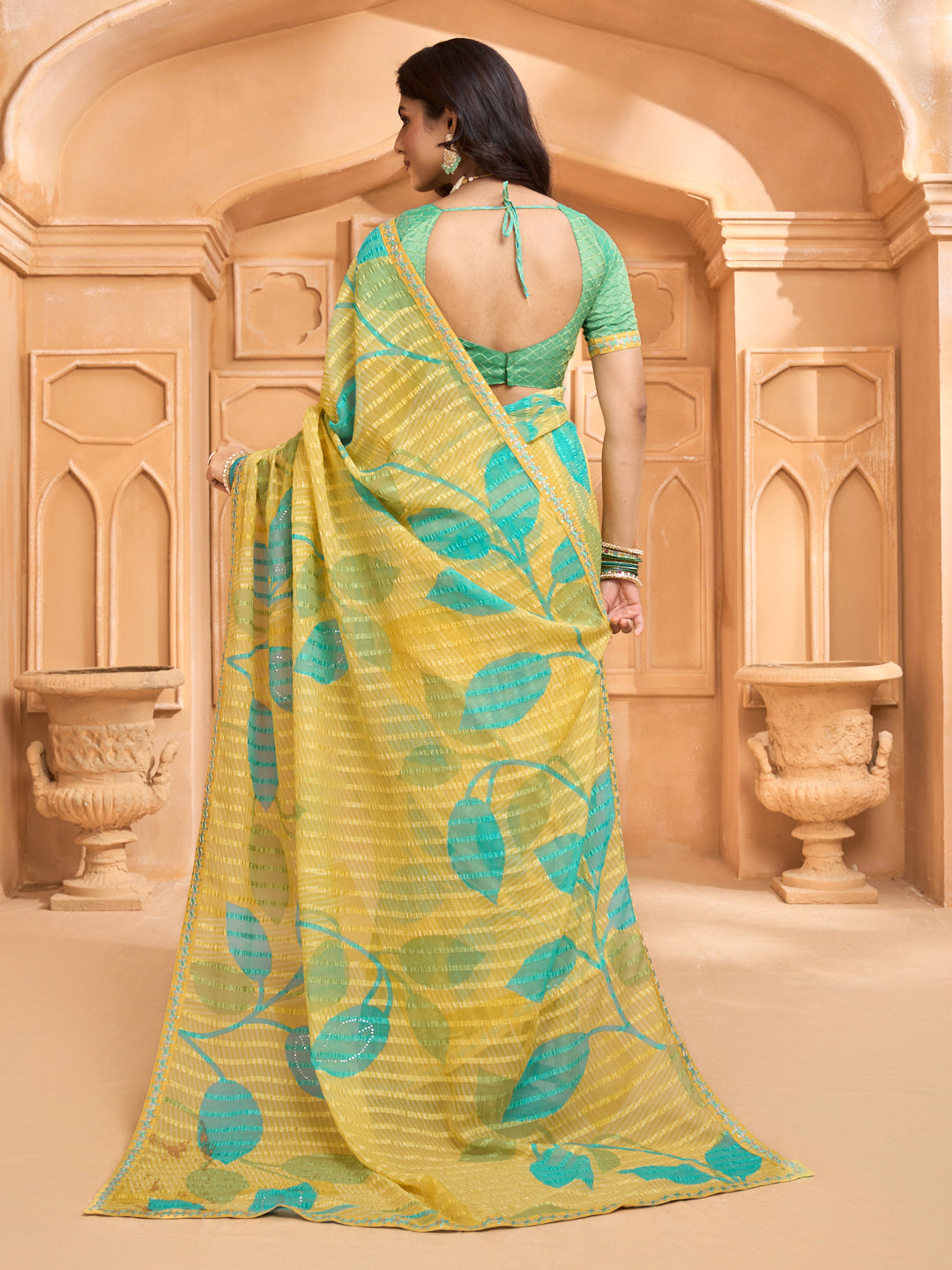 Laxmipati Tohfa Floral Printed Chiffon Saree in Yellow Color