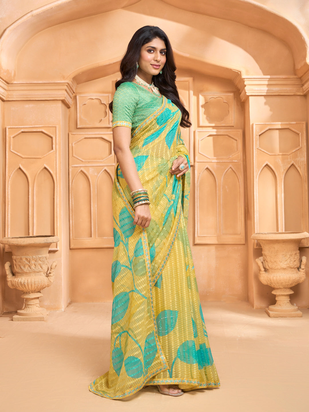 Laxmipati Tohfa Floral Printed Chiffon Saree in Yellow Color