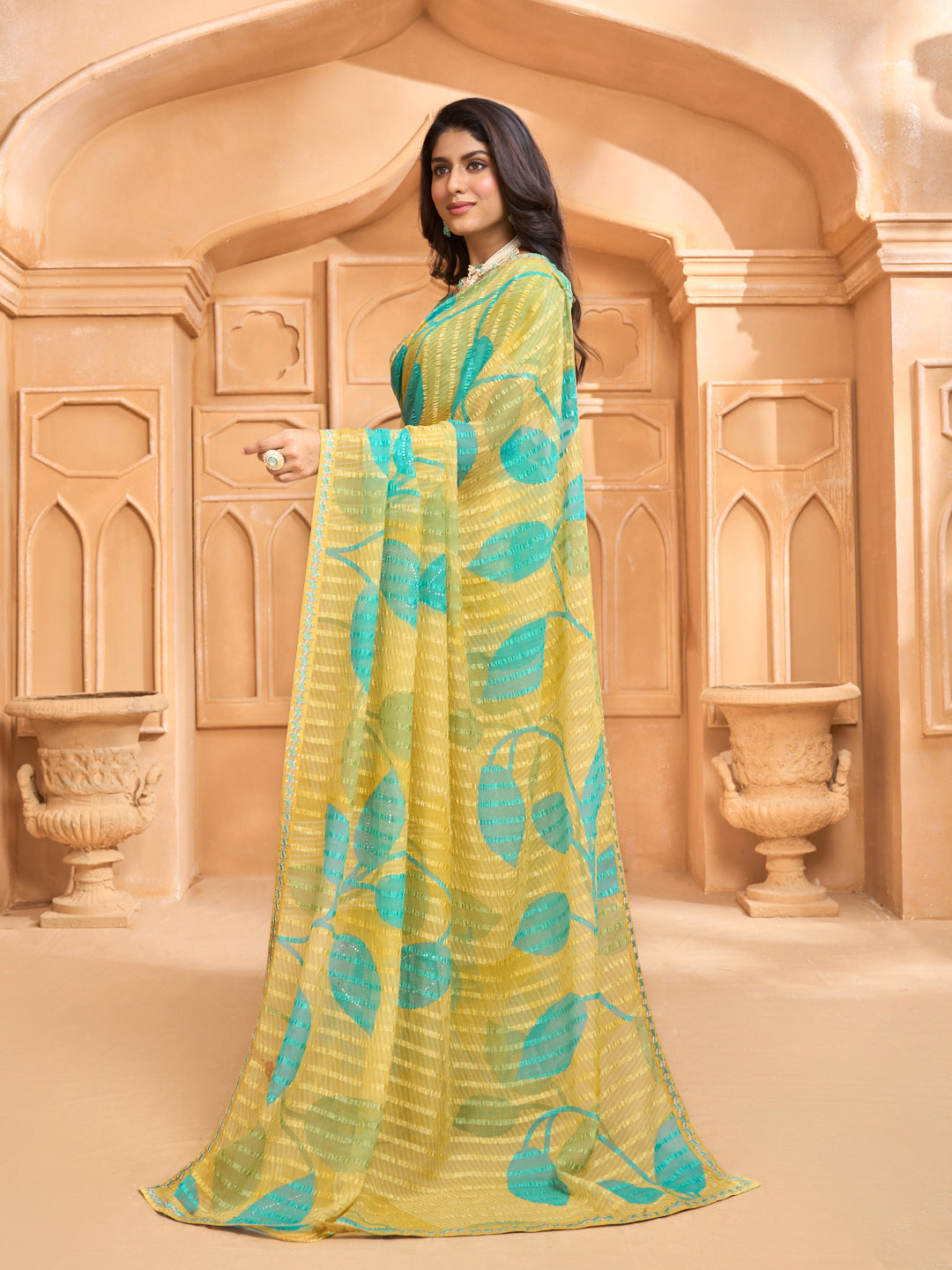 Laxmipati Tohfa Floral Printed Chiffon Saree in Yellow Color