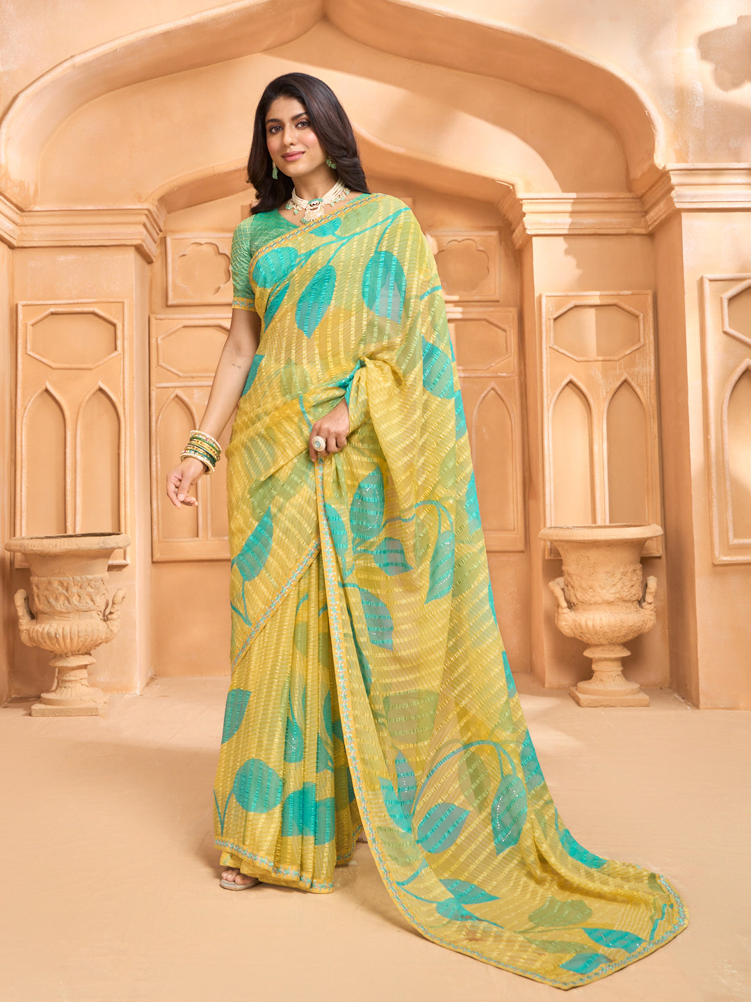 Laxmipati Tohfa Floral Printed Chiffon Saree in Yellow Color
