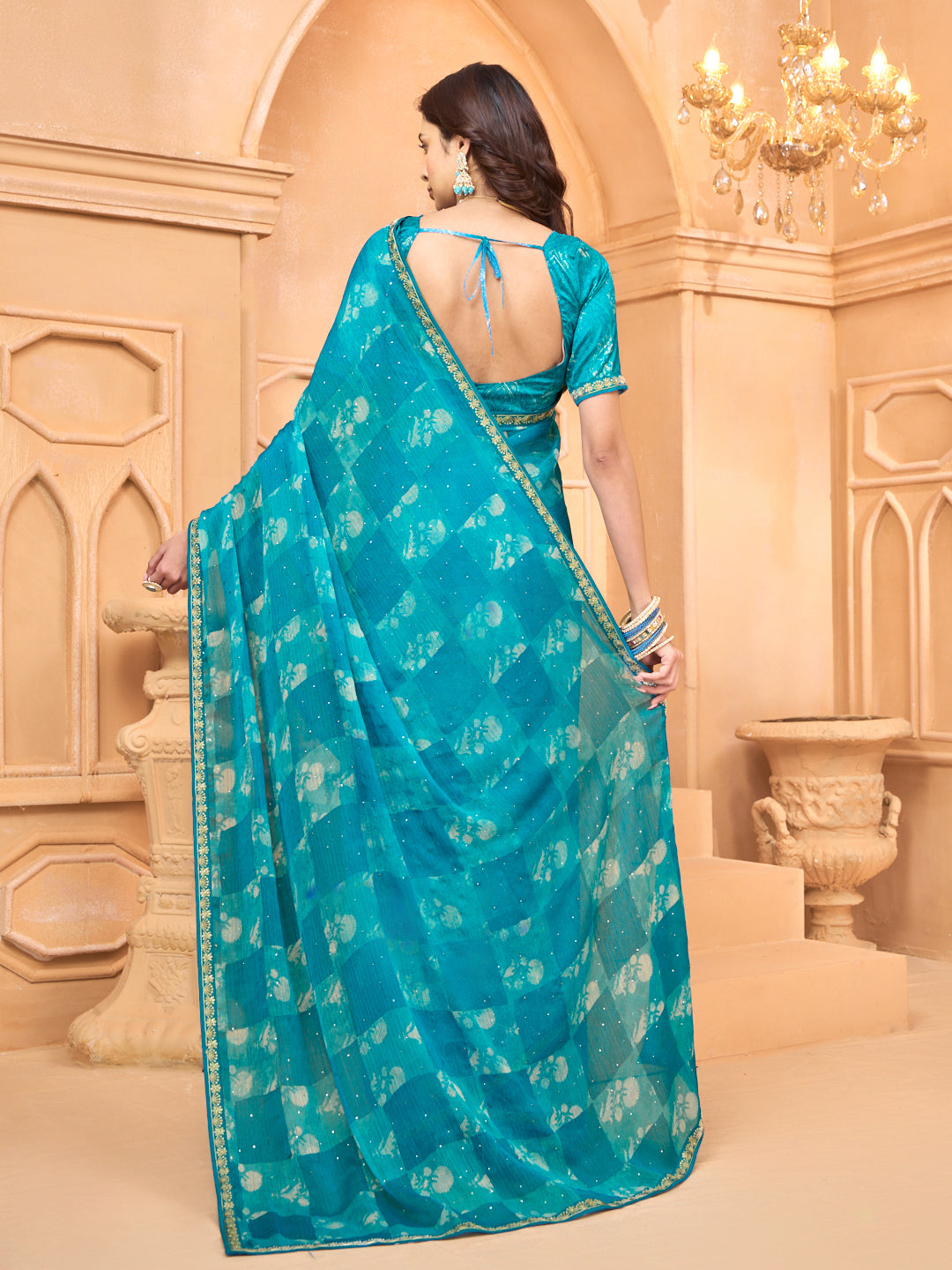 Laxmipati Tohfa Abstract Printed Chiffon Saree in Teal Blue Color