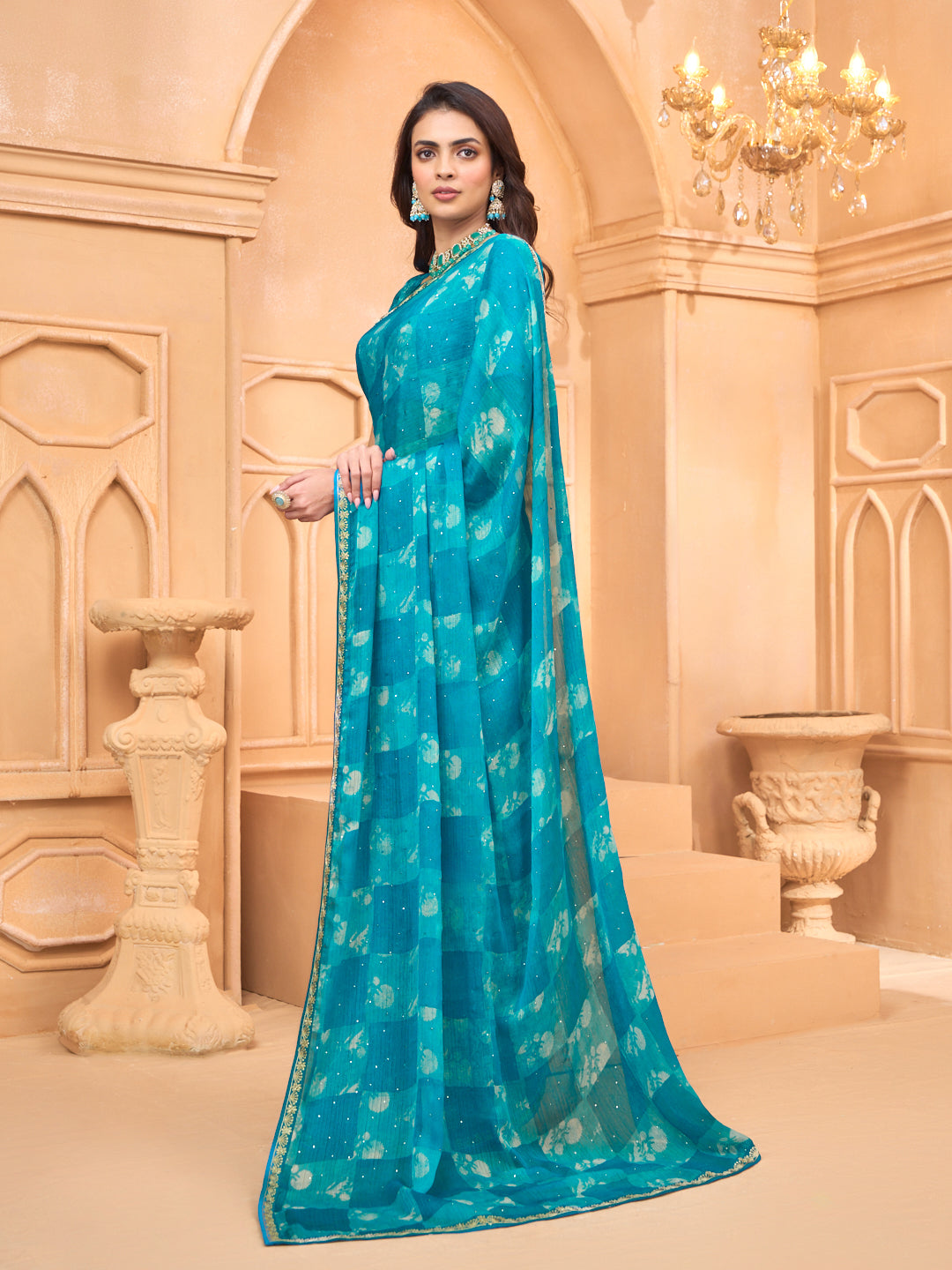 Laxmipati Tohfa Abstract Printed Chiffon Saree in Teal Blue Color