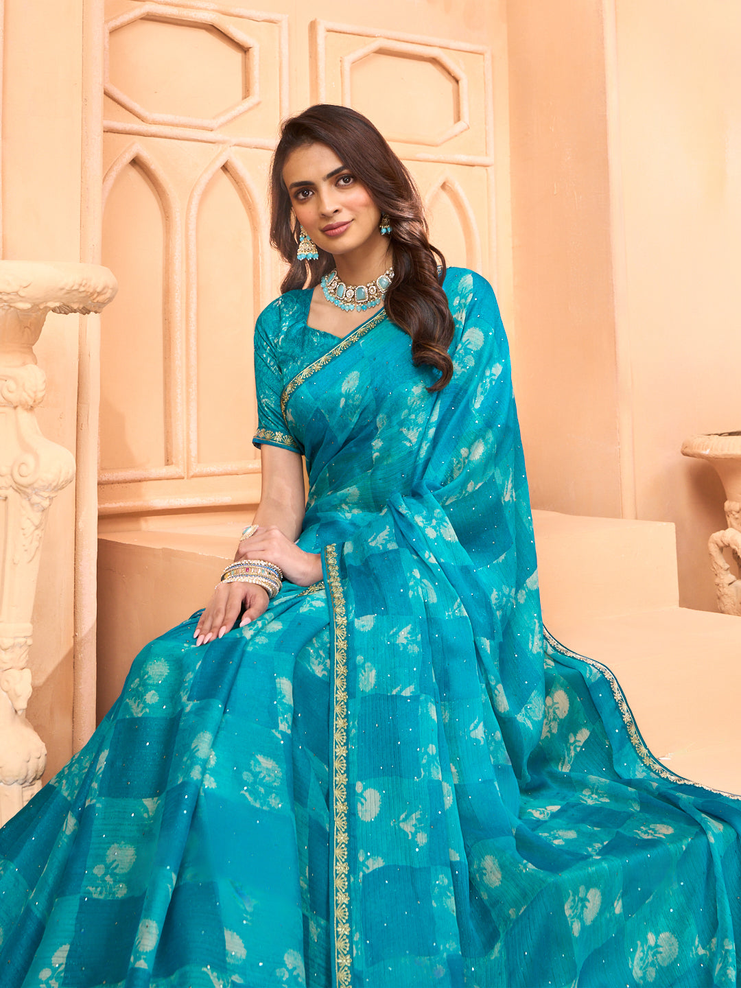 Laxmipati Tohfa Abstract Printed Chiffon Saree in Teal Blue Color