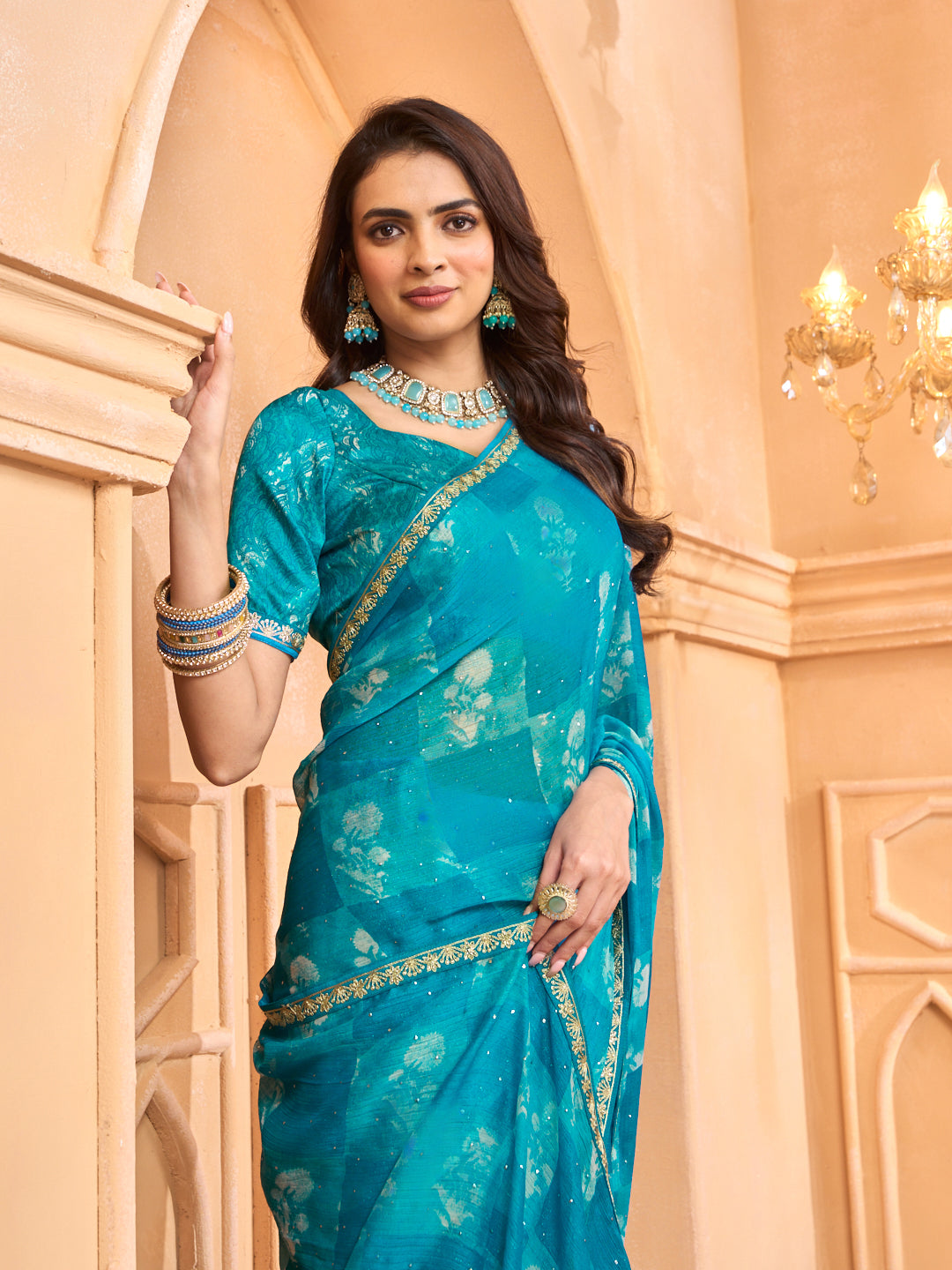 Laxmipati Tohfa Abstract Printed Chiffon Saree in Teal Blue Color