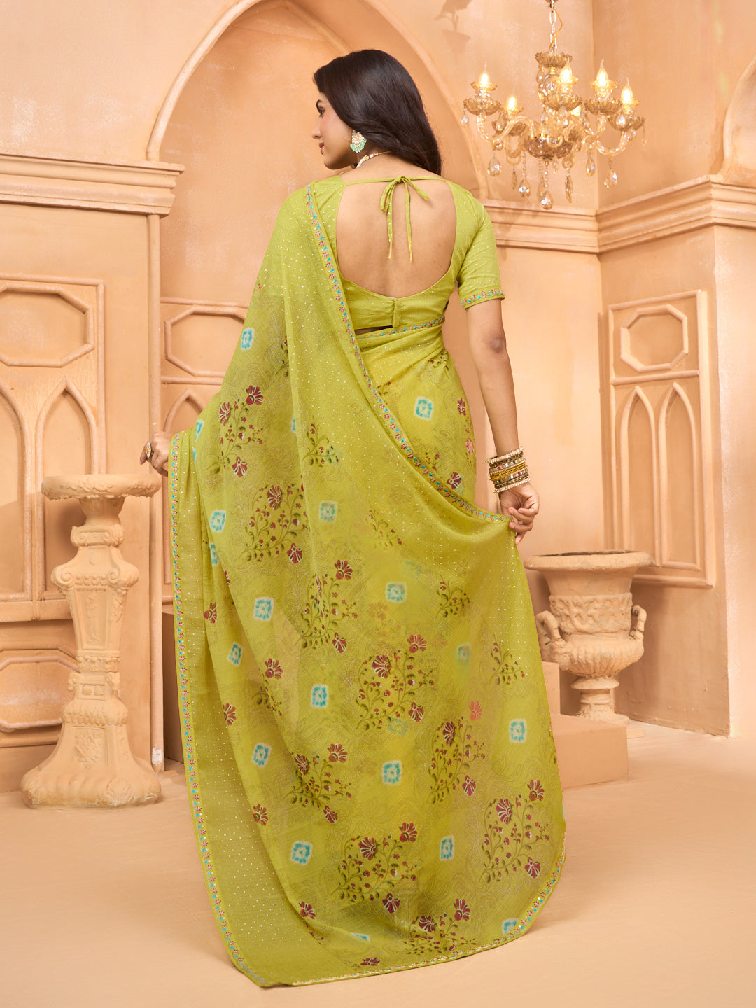 Laxmipati Tohfa Floral Printed Chiffon Saree in Lime Yellow Color