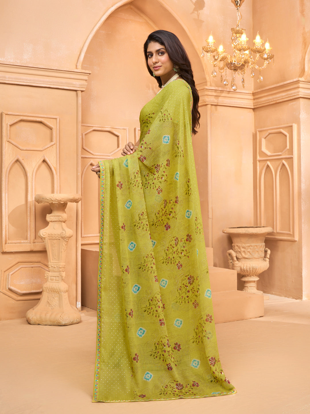 Laxmipati Tohfa Floral Printed Chiffon Saree in Lime Yellow Color