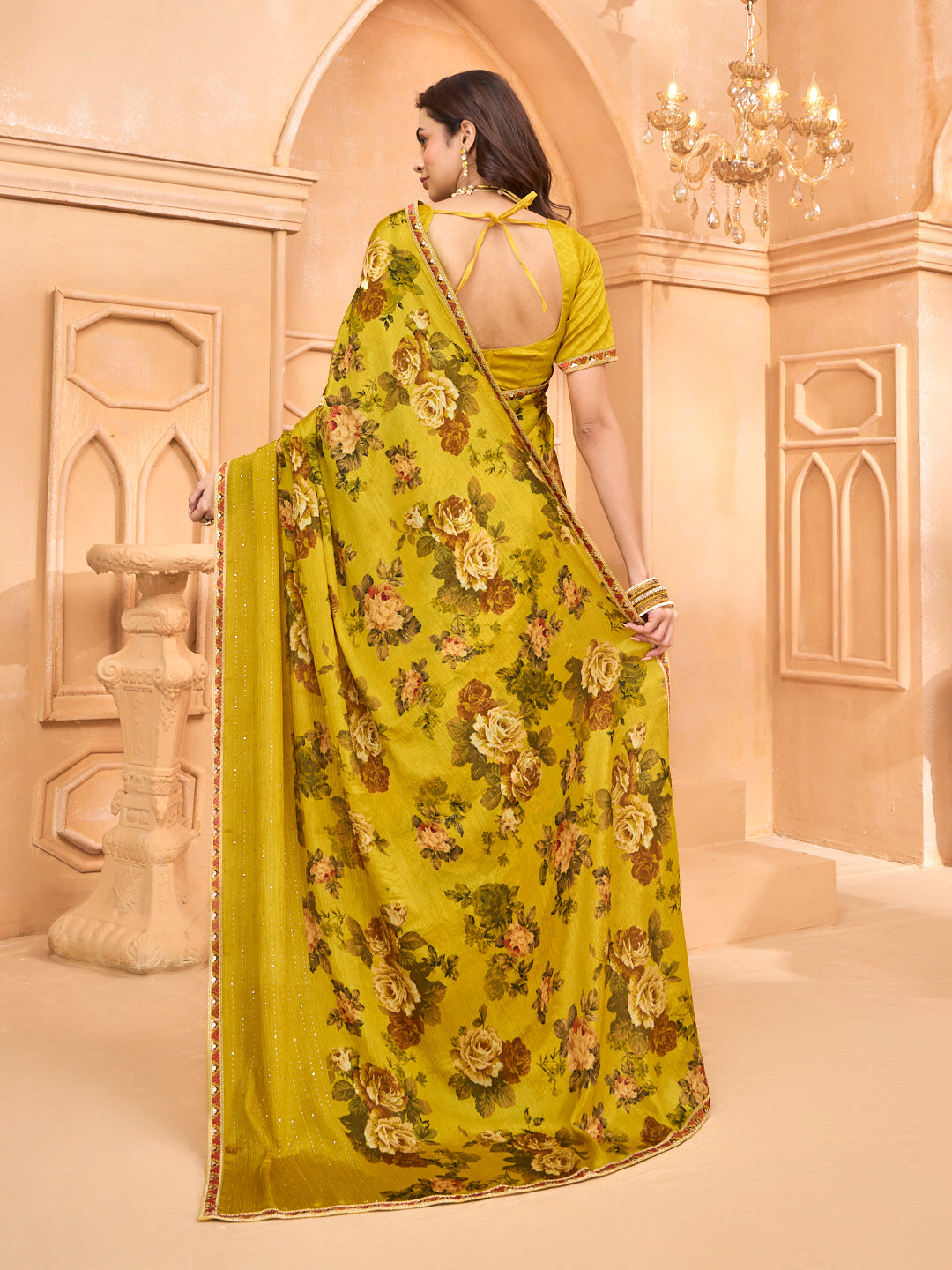 Laxmipati Tohfa Floral Printed Silk Saree in Yellow Color