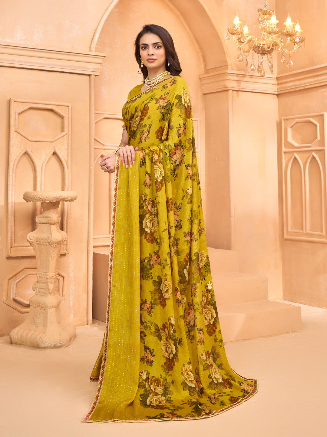 Laxmipati Tohfa Floral Printed Silk Saree in Yellow Color