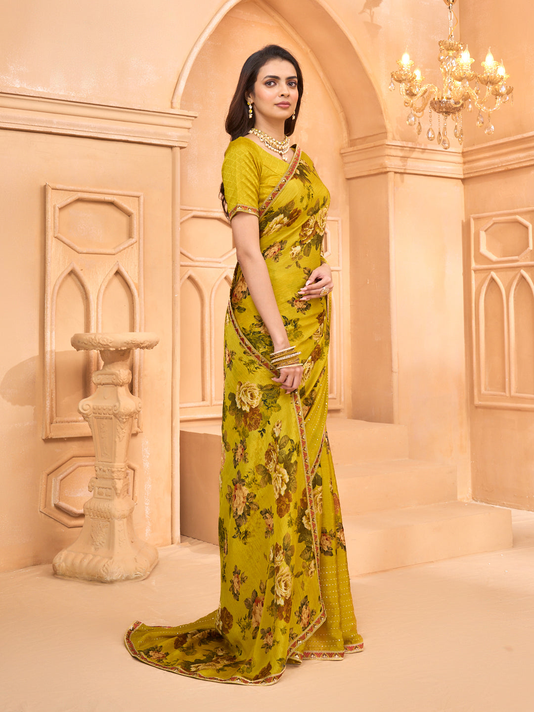 Laxmipati Tohfa Floral Printed Silk Saree in Yellow Color