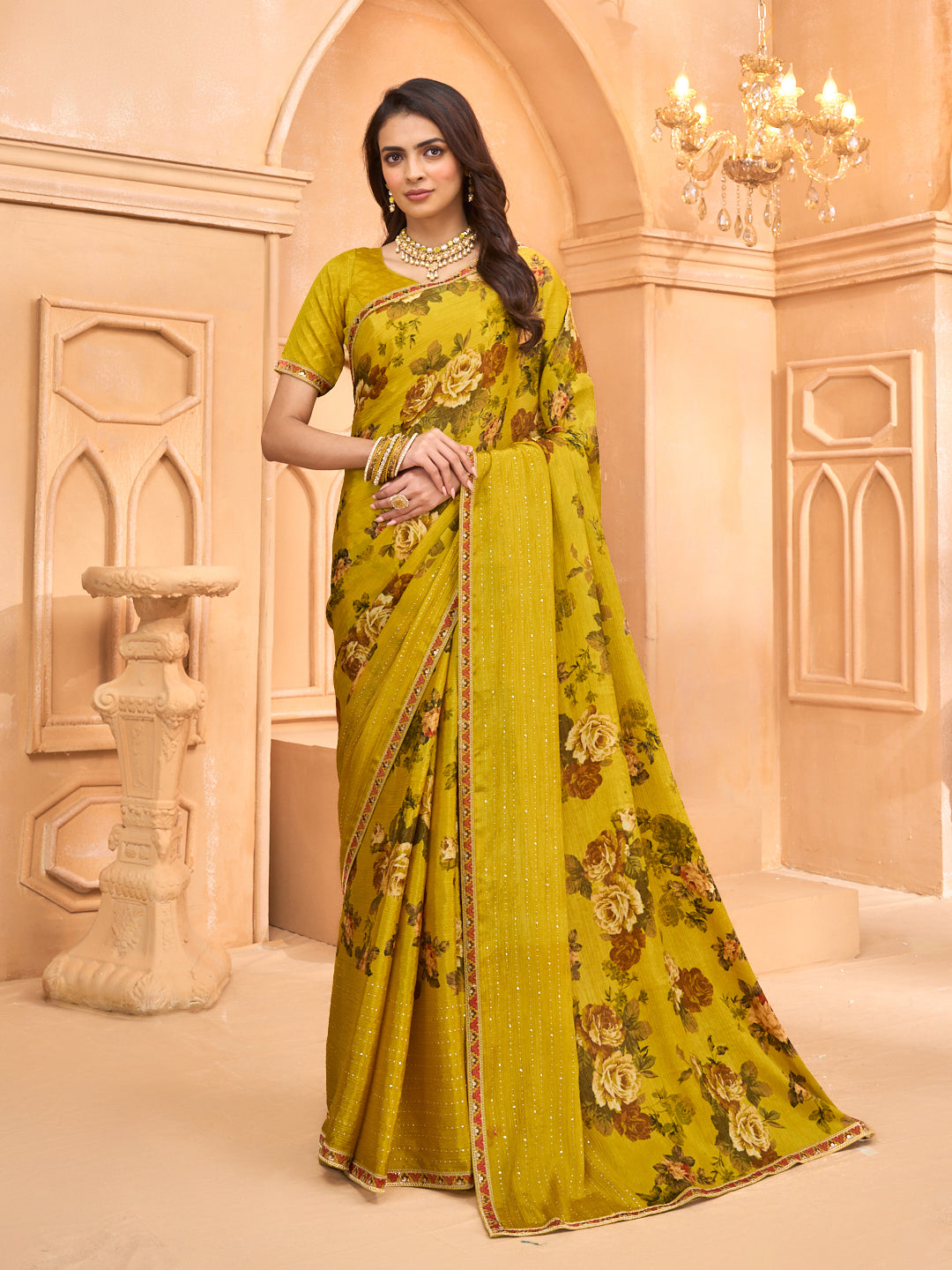 Laxmipati Tohfa Floral Printed Silk Saree in Yellow Color