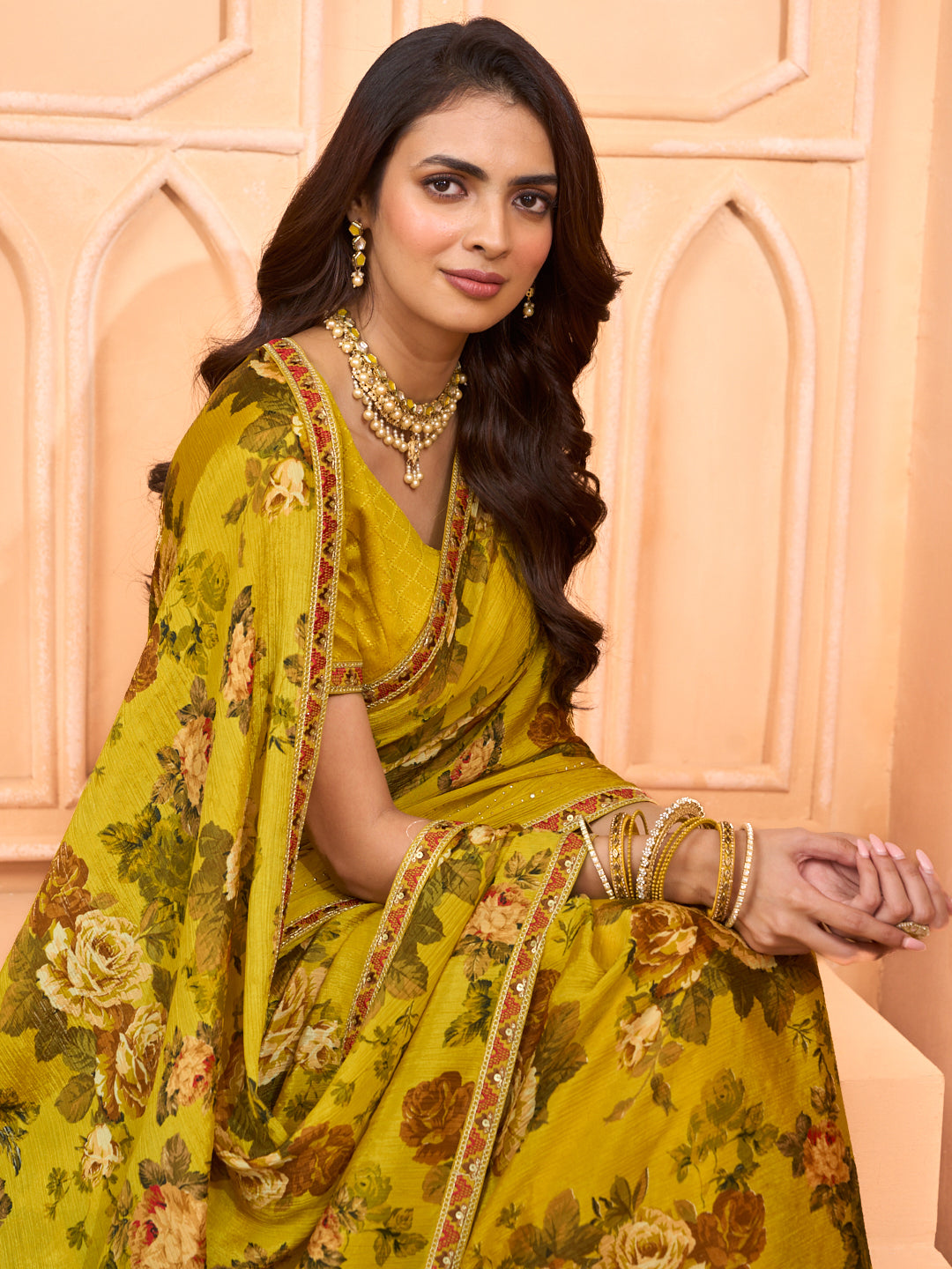 Laxmipati Tohfa Floral Printed Silk Saree in Yellow Color