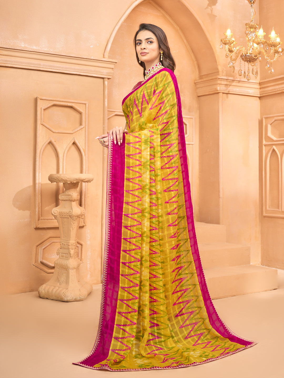 Laxmipati Tohfa Ikkat Printed Chiffon Saree in Yellow Color