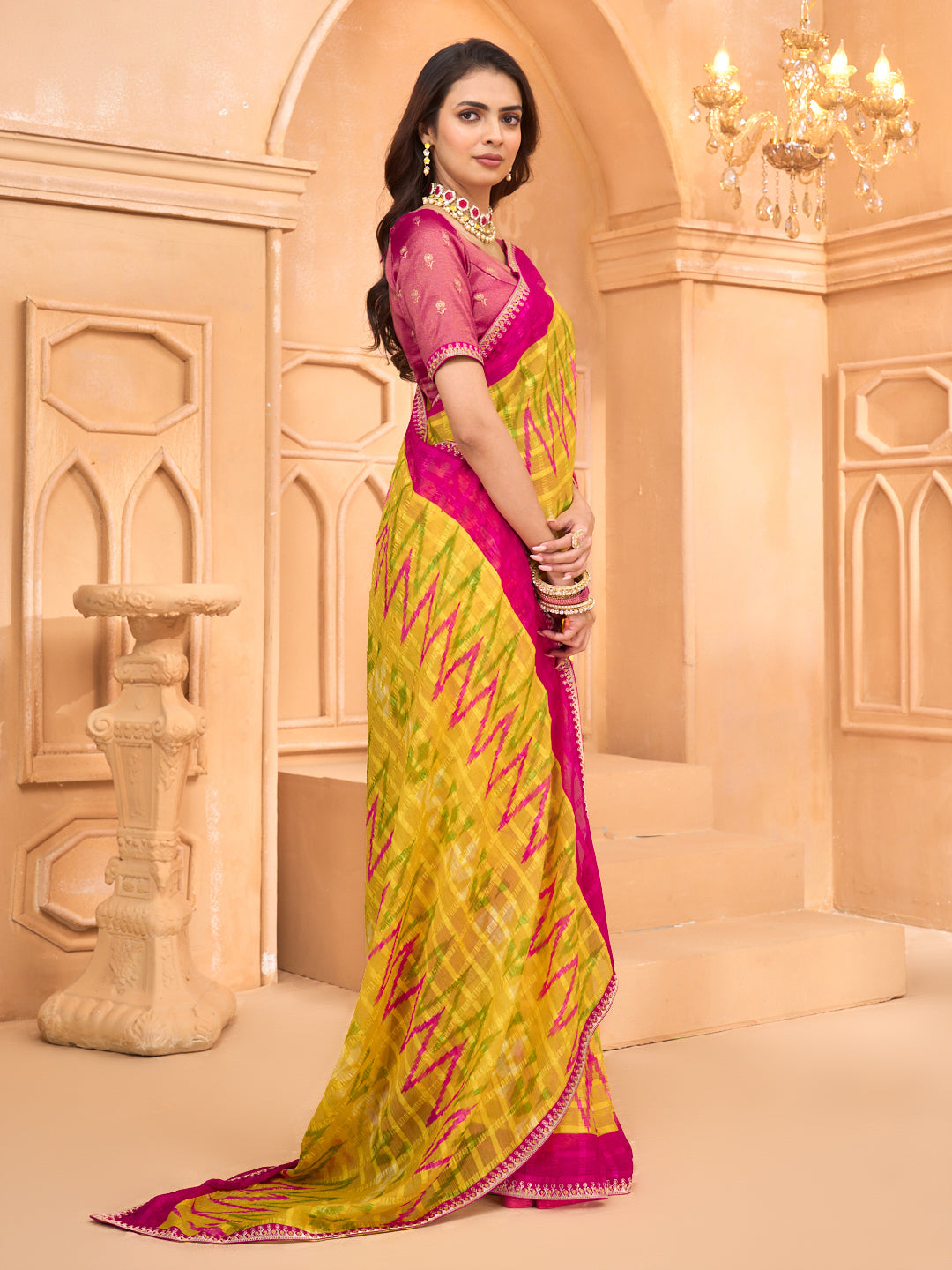 Laxmipati Tohfa Ikkat Printed Chiffon Saree in Yellow Color