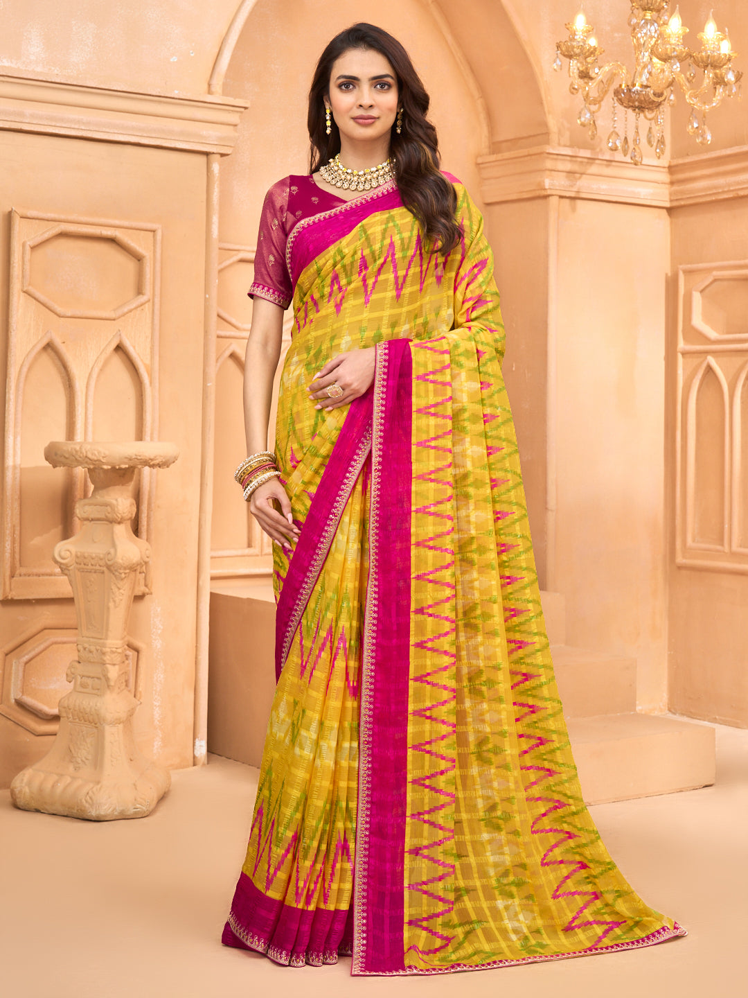 Laxmipati Tohfa Ikkat Printed Chiffon Saree in Yellow Color