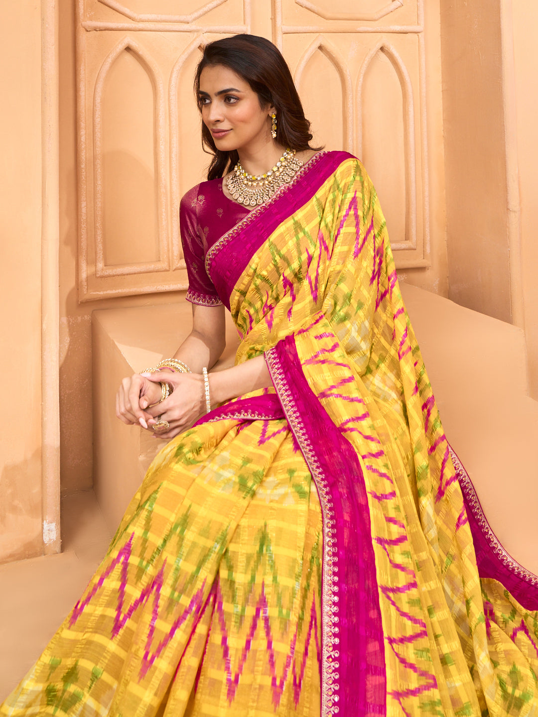 Laxmipati Tohfa Ikkat Printed Chiffon Saree in Yellow Color