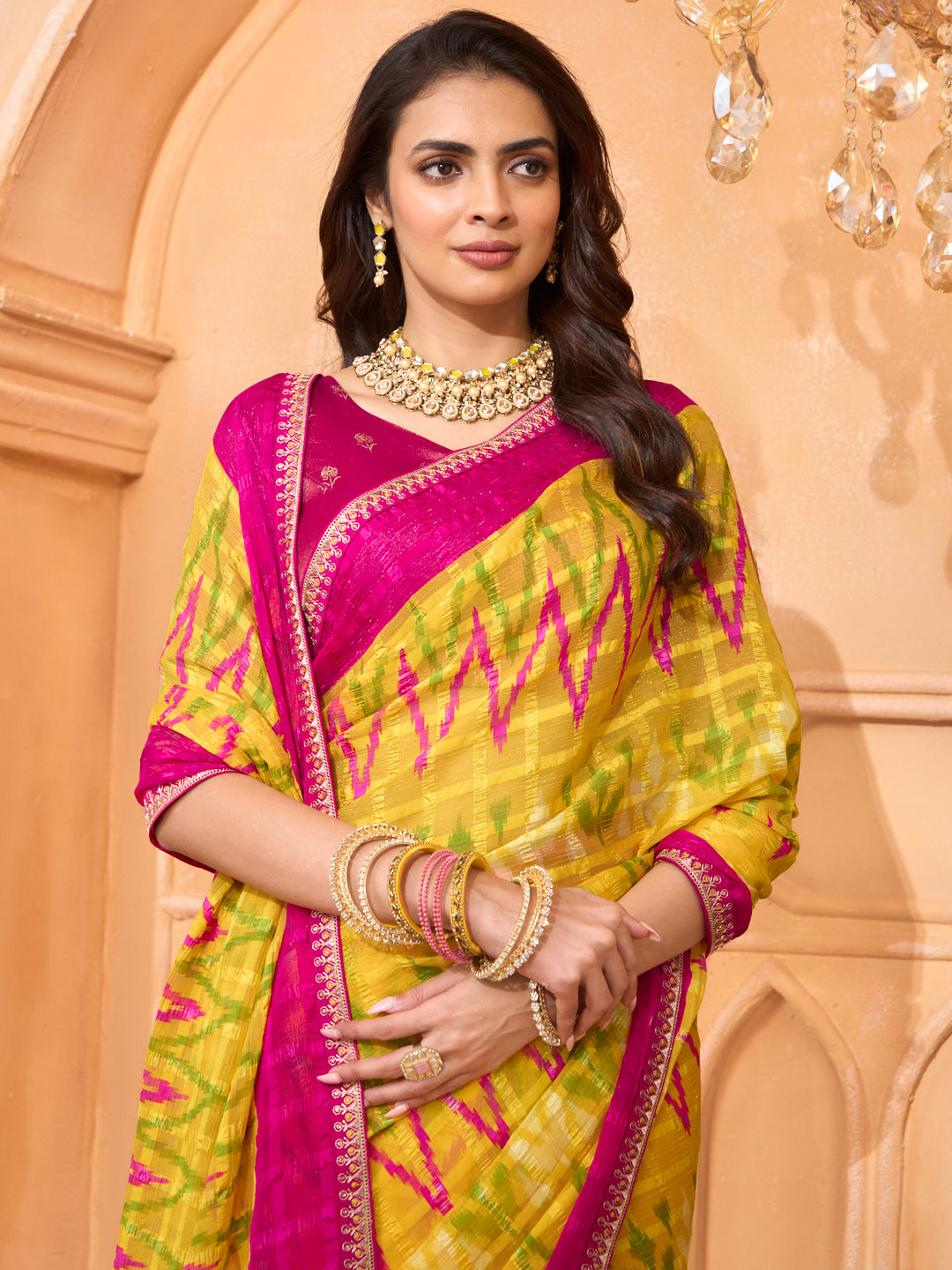 Laxmipati Tohfa Ikkat Printed Chiffon Saree in Yellow Color