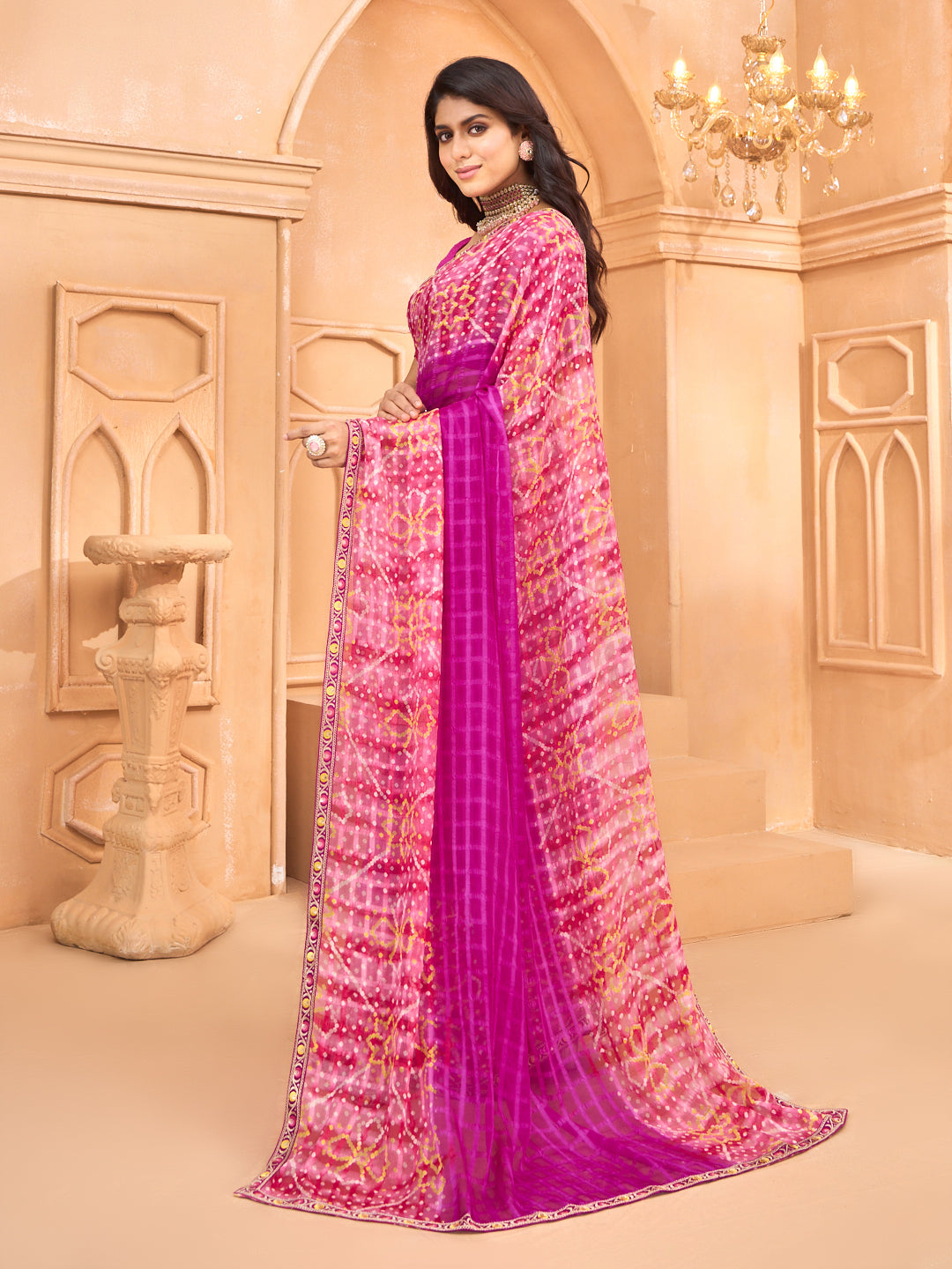 Laxmipati Tohfa Bandhani Printed Silk Saree in Pink Color