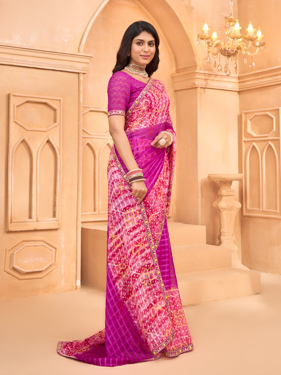 Laxmipati Tohfa Bandhani Printed Silk Saree in Pink Color