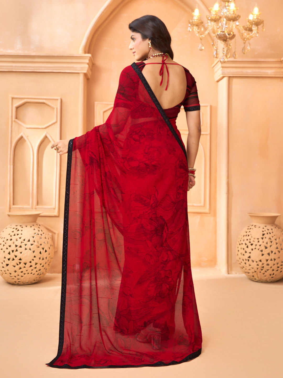 Laxmipati Tohfa Floral Printed Georgette Saree in Red Color