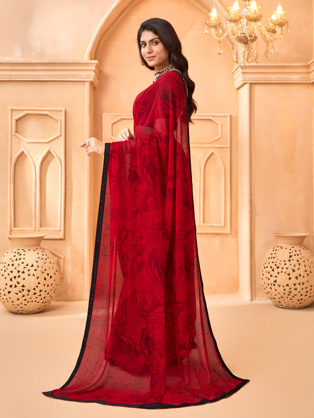 Laxmipati Tohfa Floral Printed Georgette Saree in Red Color