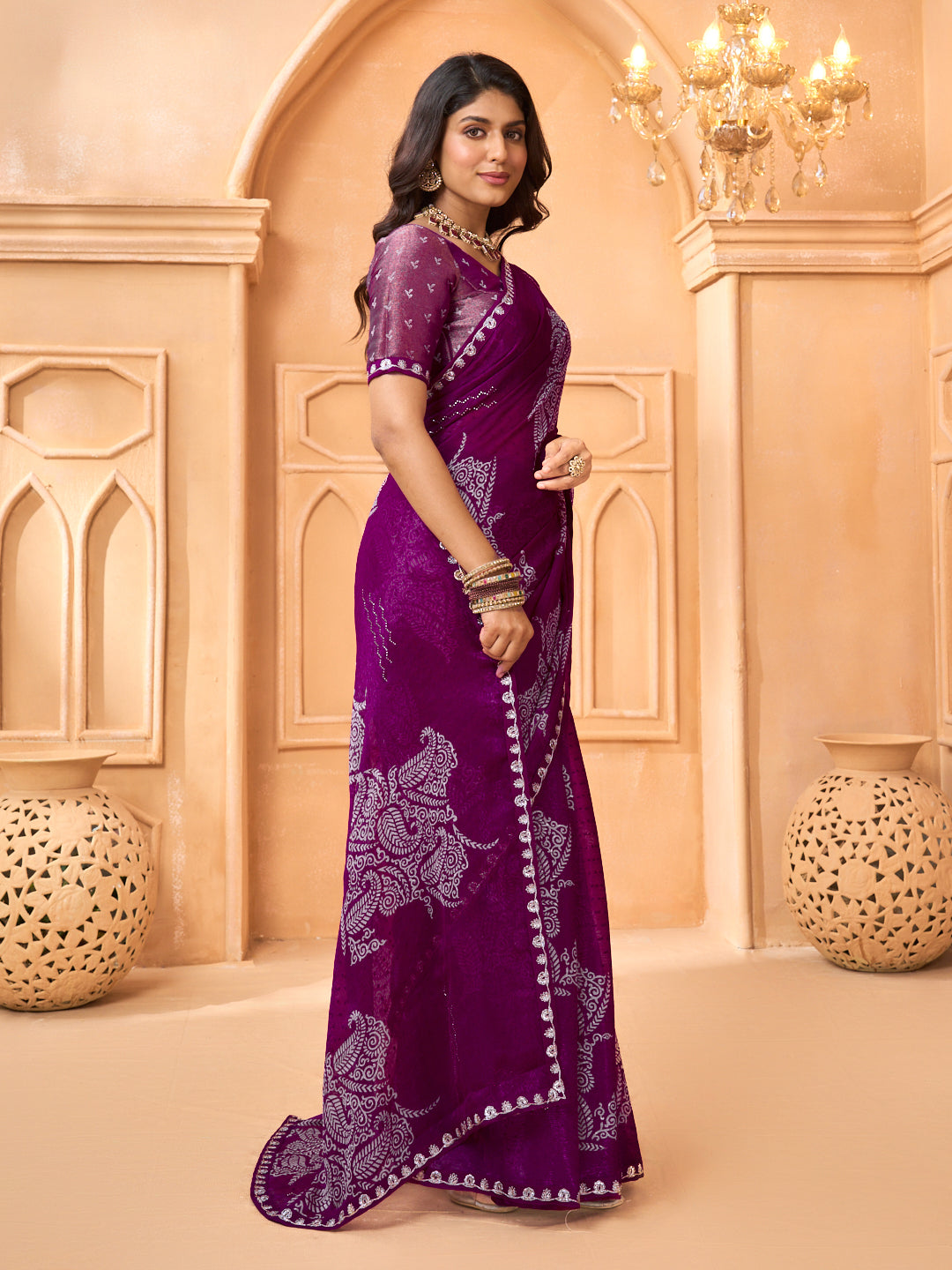 Laxmipati Tohfa Floral Printed Chiffon Saree in Purple Color