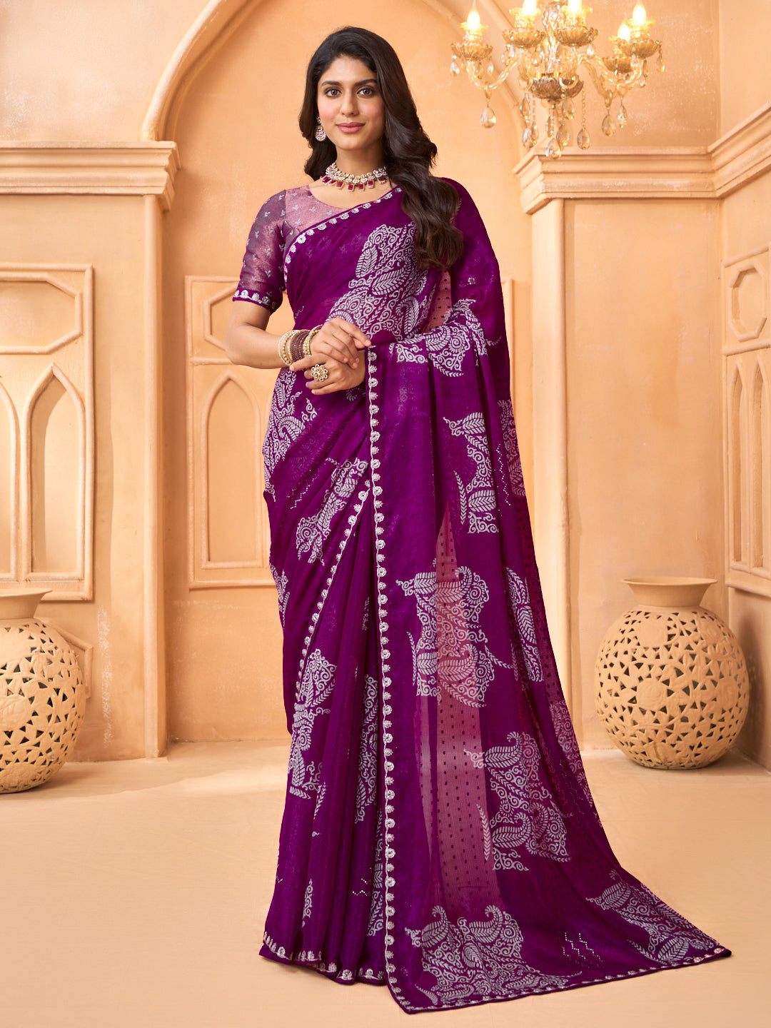 Laxmipati Tohfa Floral Printed Chiffon Saree in Purple Color