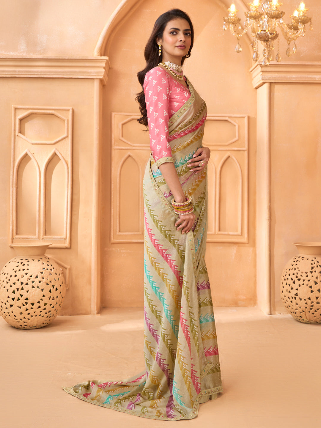 Laxmipati Tohfa Striped Printed Silk Saree in Beige Color