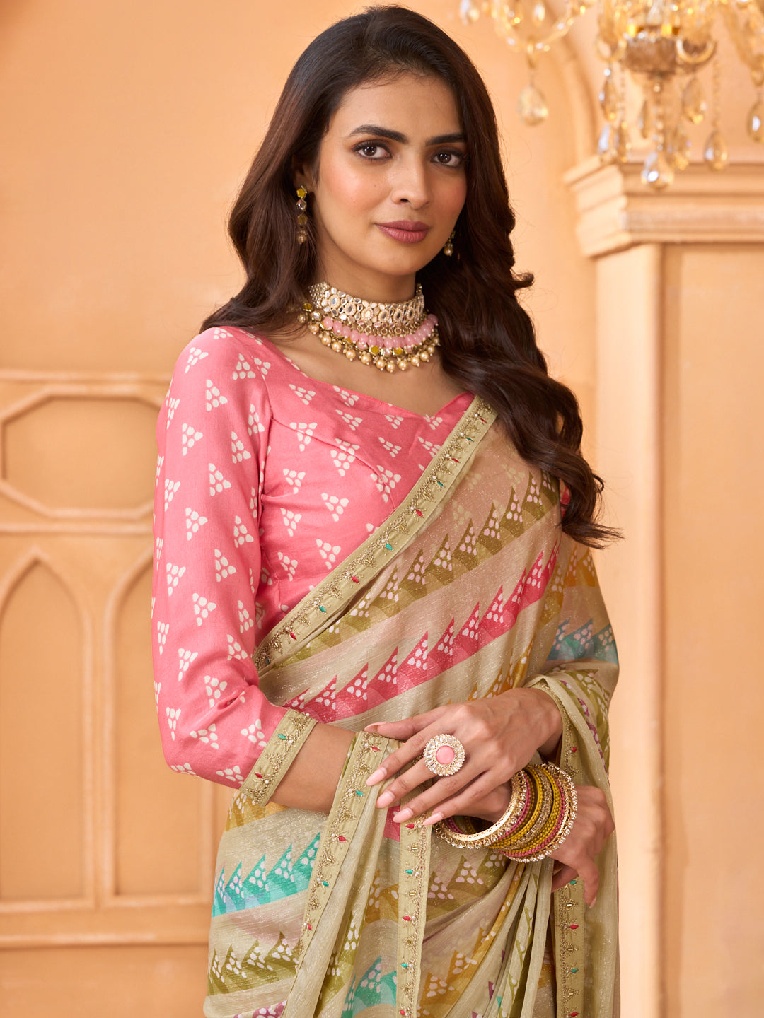 Laxmipati Tohfa Striped Printed Silk Saree in Beige Color