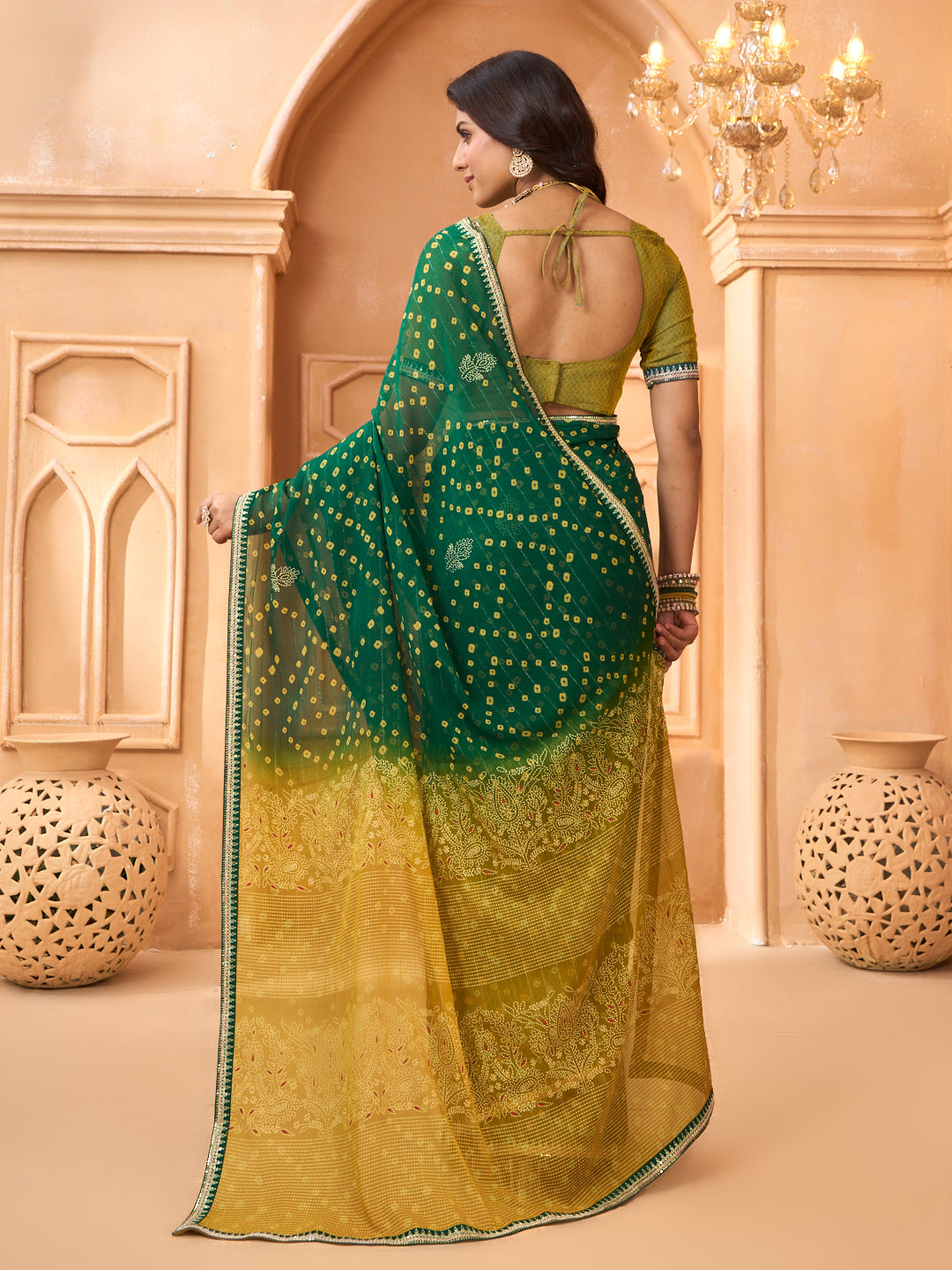Laxmipati Tohfa Bandhani Printed Georgette Saree in Green Color