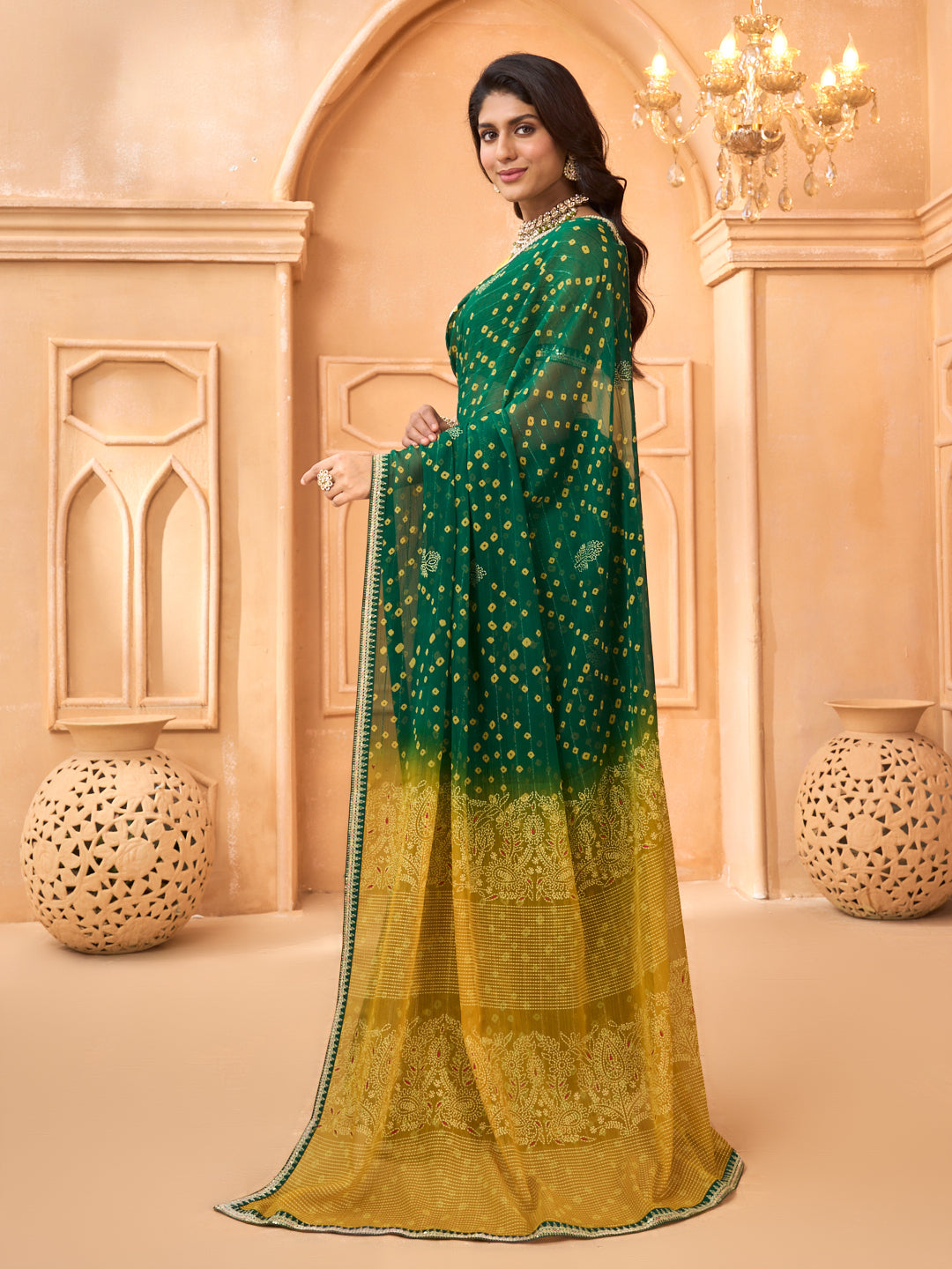 Laxmipati Tohfa Bandhani Printed Georgette Saree in Green Color