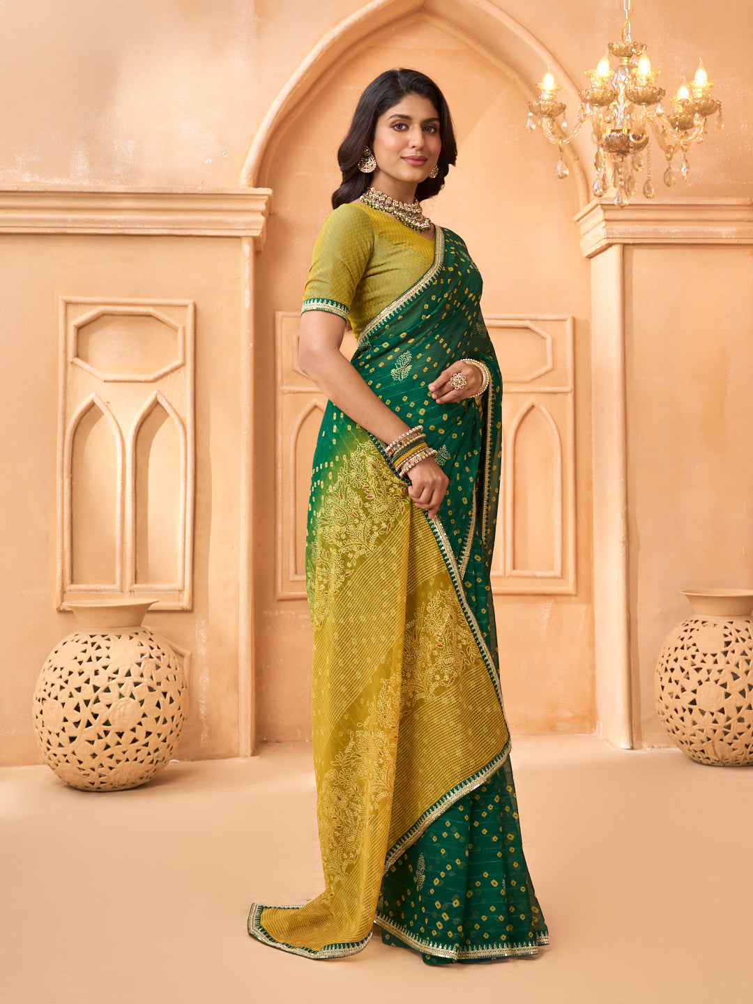 Laxmipati Tohfa Bandhani Printed Georgette Saree in Green Color