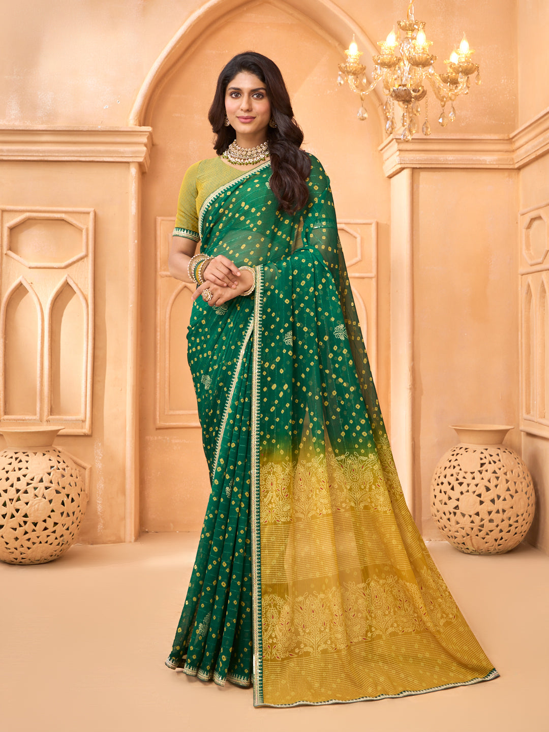 Laxmipati Tohfa Bandhani Printed Georgette Saree in Green Color