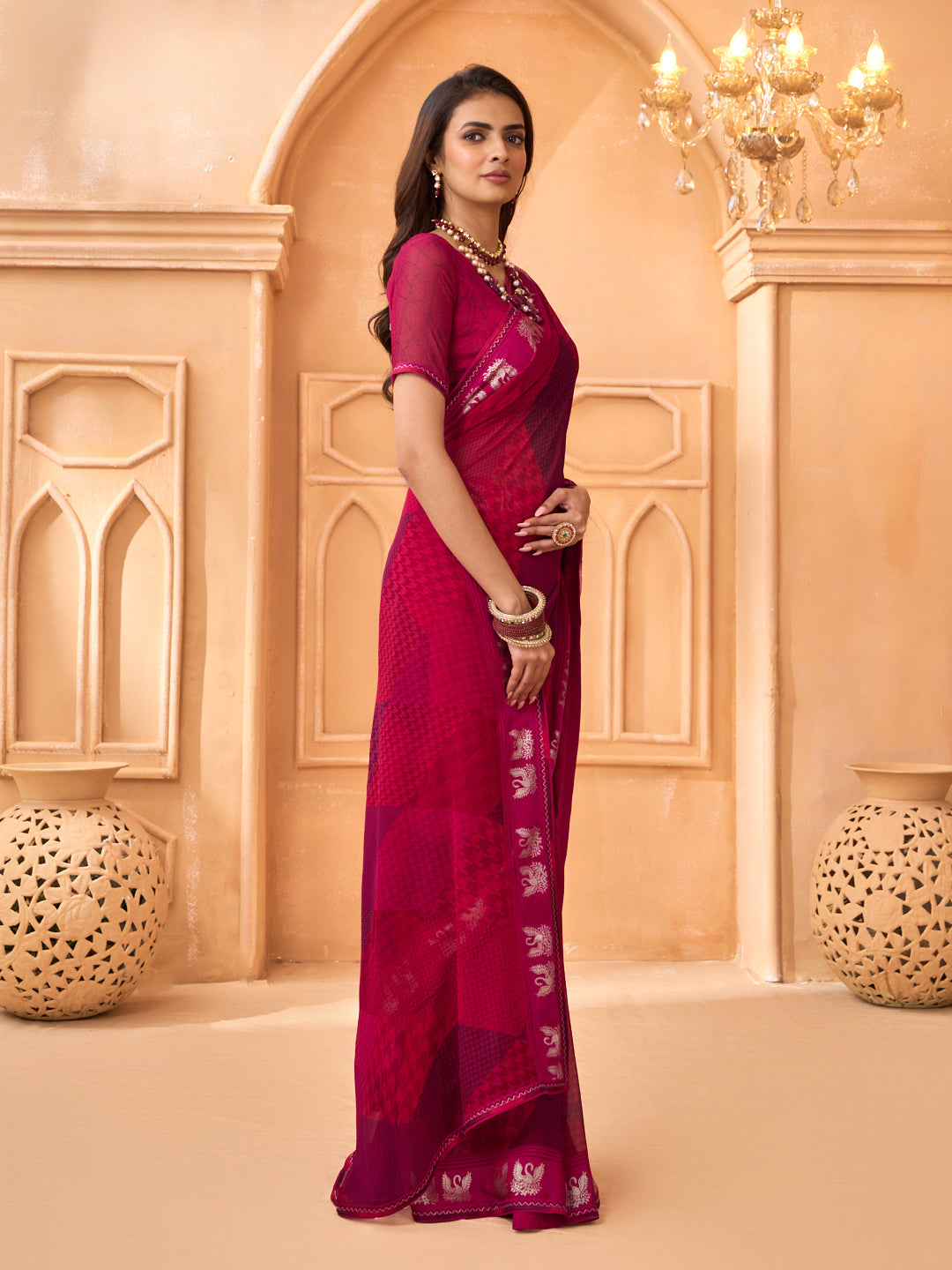 Laxmipati Tohfa Abstract Printed Georgette Saree in Pink Color