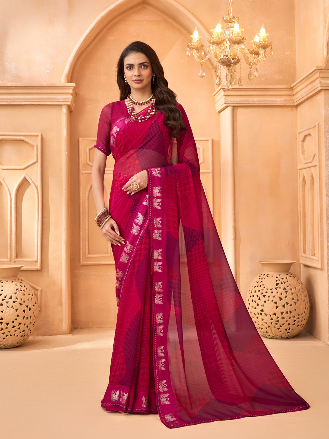 Laxmipati Tohfa Abstract Printed Georgette Saree in Pink Color